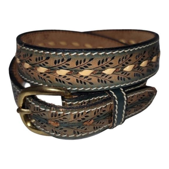 Vintage Hand Tooled Leather Belt Wheat Whipstitched Blue Natural 32 USA 1.25" - Picture 1 of 8